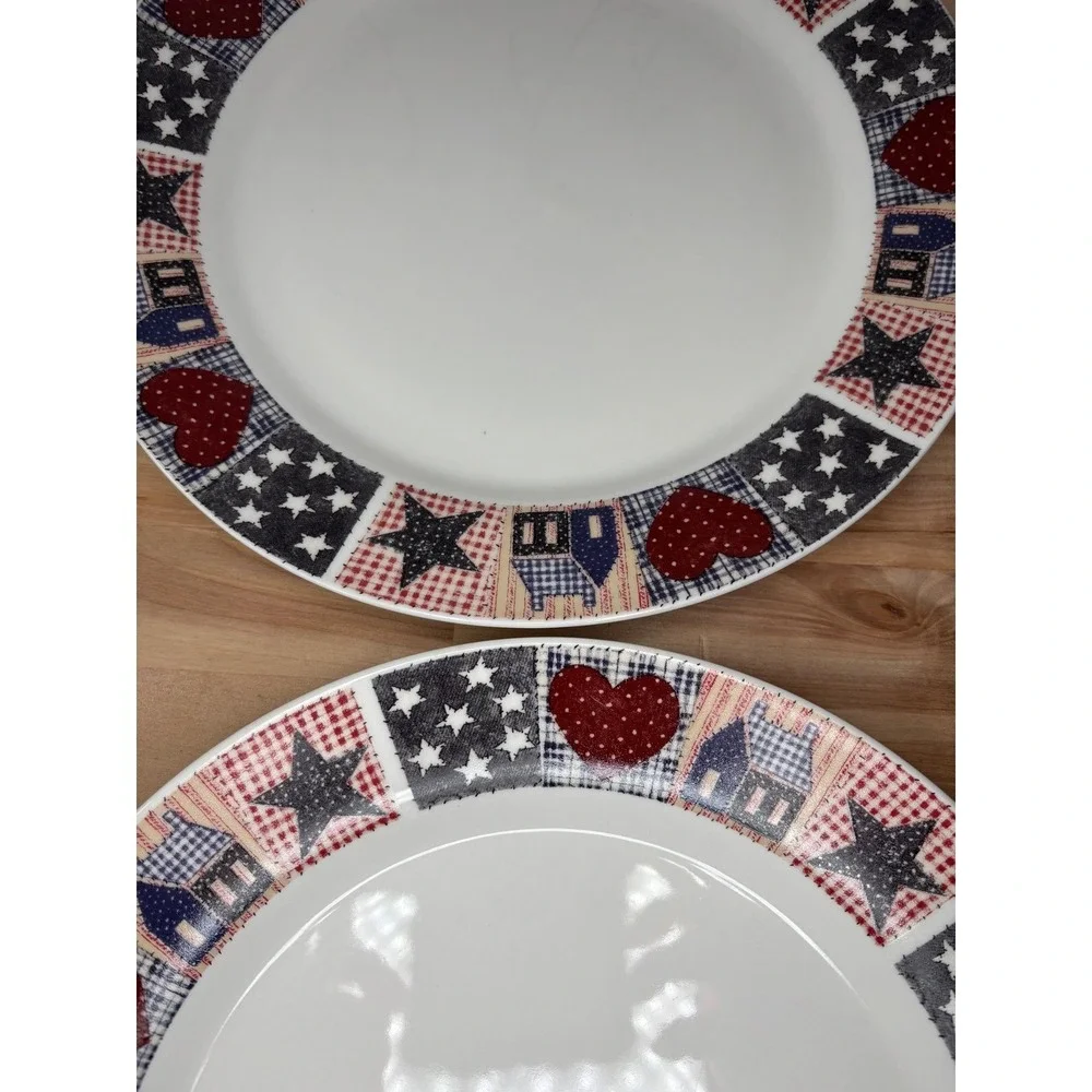 Oneida DC Brown American Quilt Dinner Plates Set of 4 Americana Patriotic 10.5